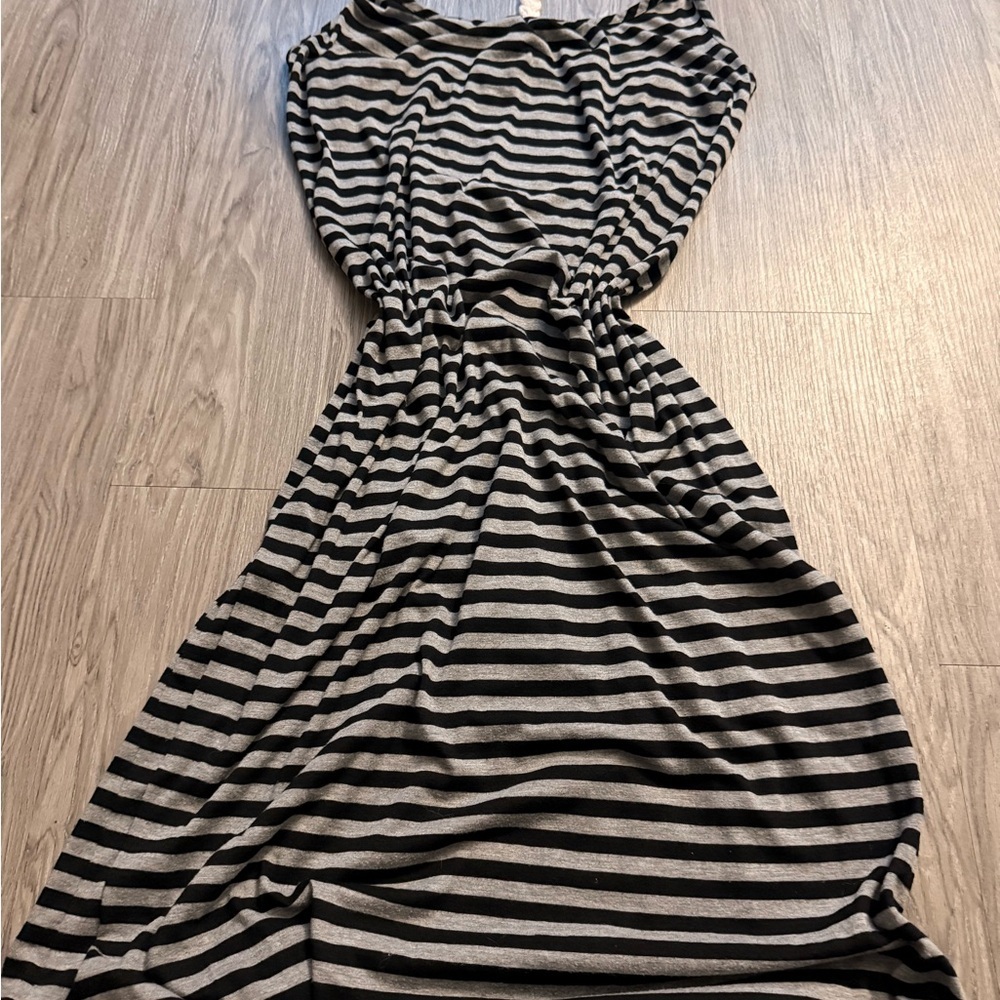 Striped Black and Gray Women's Maxi Dress - Casual Gathered Waist